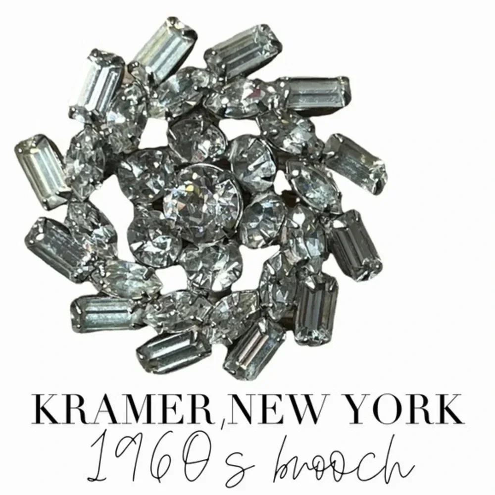 Vintage Mid-Century Kramer of New York Clear Rhinestone Pinwheel Brooch Silver